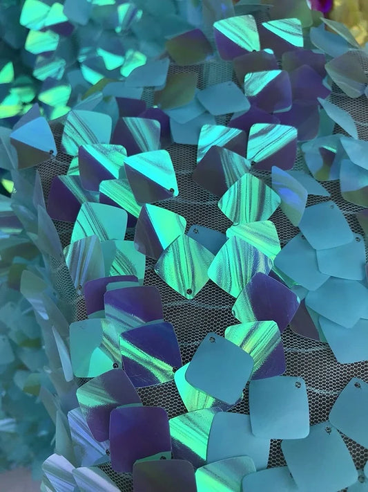Aqua Iridescent Sequins-Dragon Scales Embroider on a Mesh-Sold by the Yard.