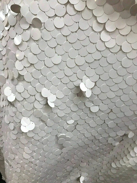 Fish Scale Paillette 18mm Mermaid Round Sequin Pearl Fabric By The Yard White Gloss