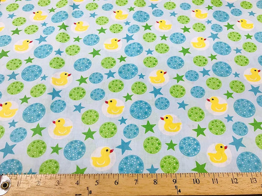 Poly Cotton Fabric, Ducks Print, Good to Make Face Mask Covers. (Ducks on Blue & Green, 1 Yard)