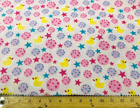 Poly Cotton Fabric, Ducks Print, Good to Make Face Mask Covers. (Ducks on Fuchsia & Lilac, 1 Yard)