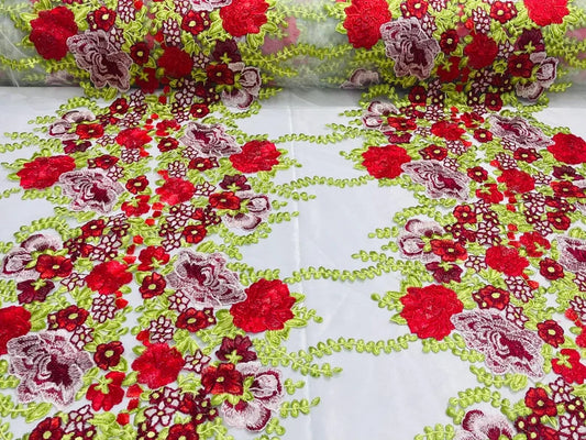 Multi Color Floral Design Embroider on a White Mesh Lace Fabric-Sold by the Yard Red