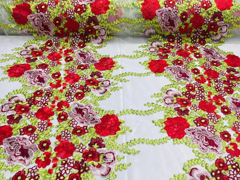 Multi Color Floral Design Embroider on a White Mesh Lace Fabric-Sold by the Yard Red