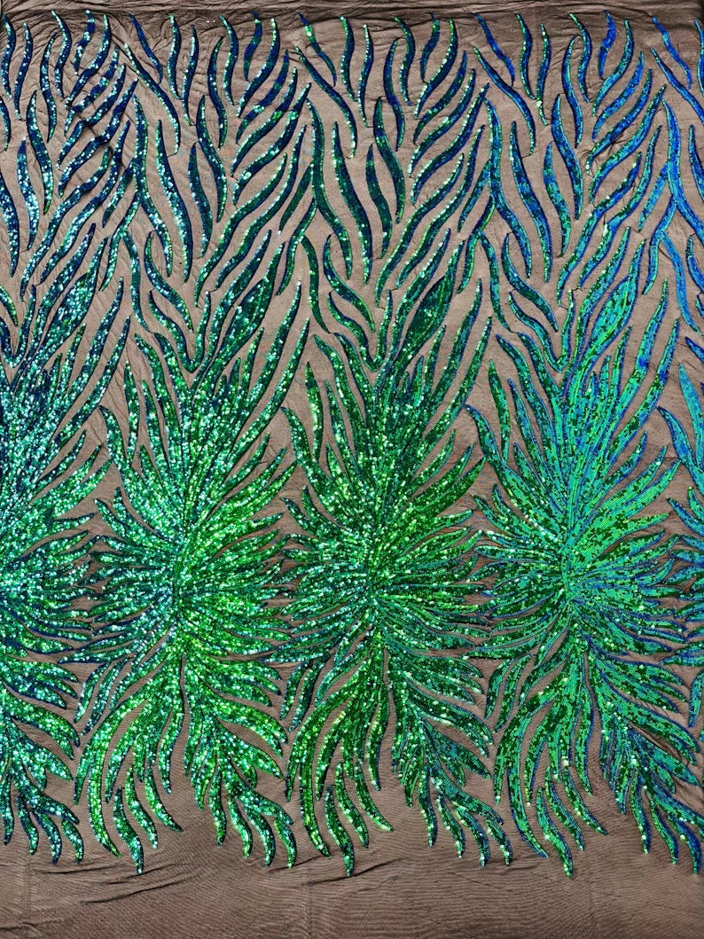 Green iridescent phoenix feather design with sequins embroider on a Black 4 way stretch mesh fabric-sold by the yard.