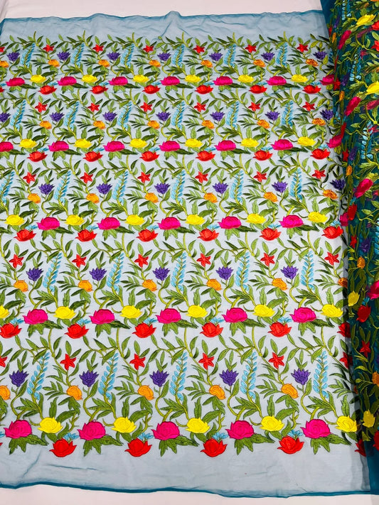 Multi Color Mexican Sarape Floral Design Embroider on a Teal Blue Mesh Lace-Sold by the Yard.