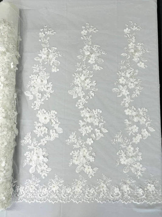 3D floral design embroider with pearls in a mesh lace-sold by the yard. Ivory