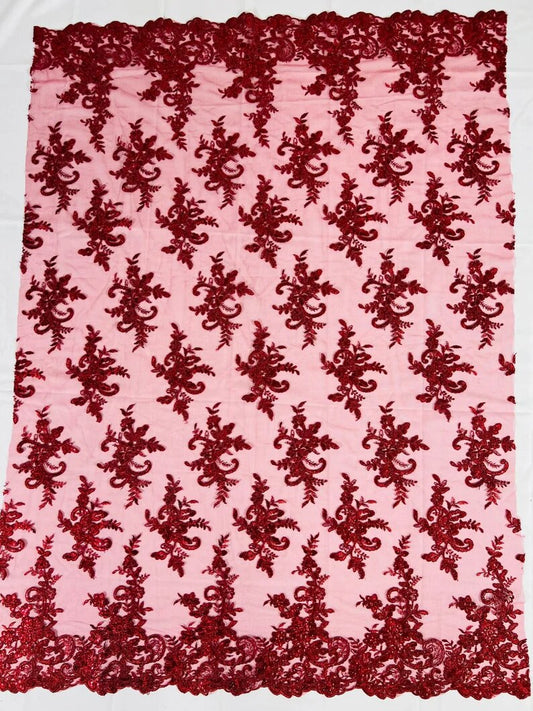 Fashion Corded Embroider Fabric Floral Lace Embroider on a Mesh Sold by the Yard. Burgundy
