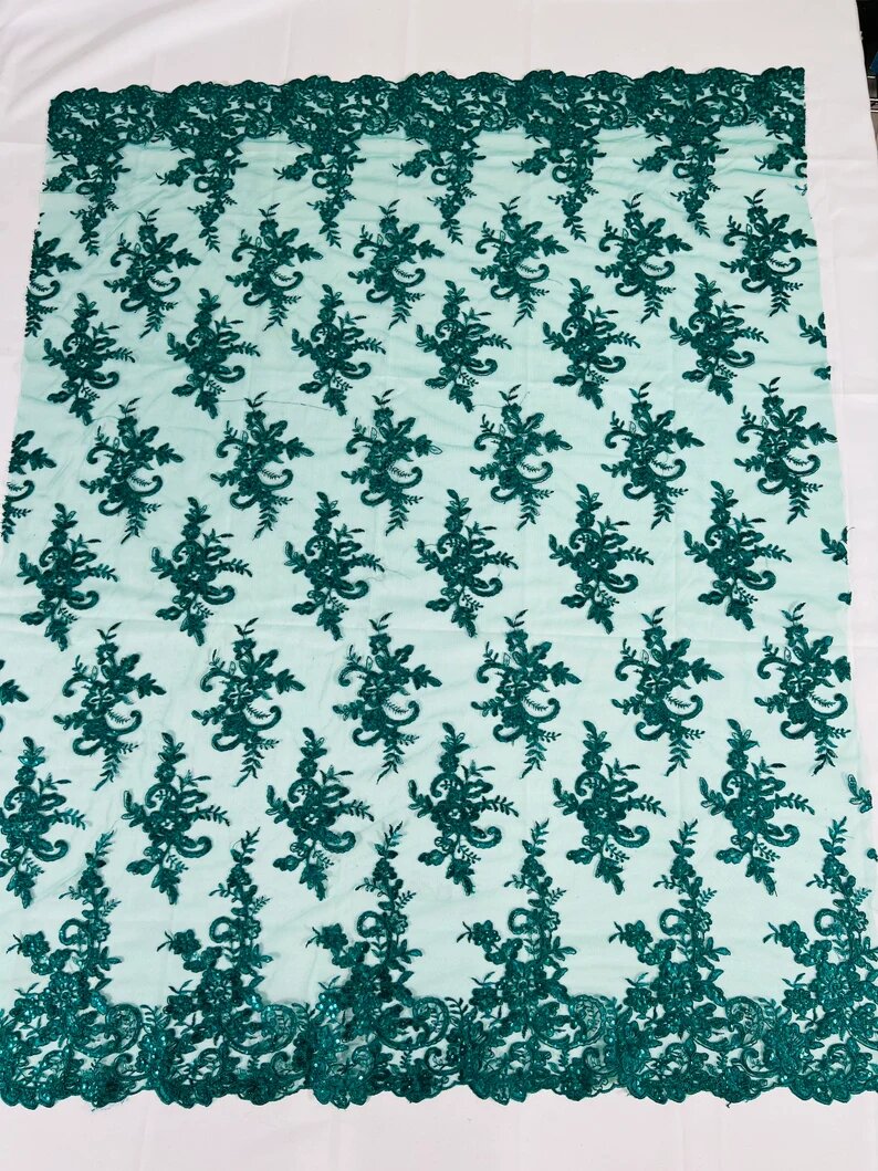 Fashion Corded Embroider Fabric Floral Lace Embroider on a Mesh Sold by the Yard. Hunter Green
