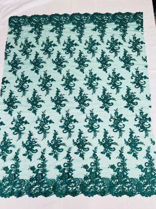 Fashion Corded Embroider Fabric Floral Lace Embroider on a Mesh Sold by the Yard. Hunter Green