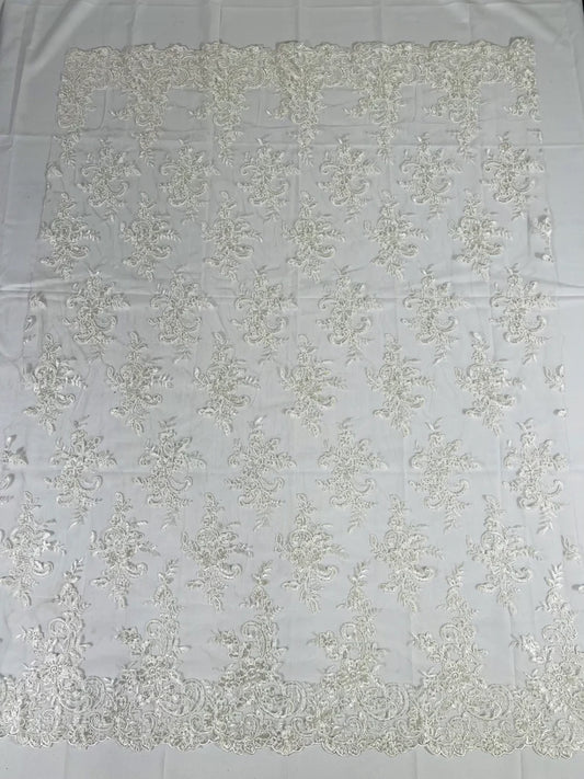 Fashion Corded Embroider Fabric Floral Lace Embroider on a Mesh Sold by the Yard. Ivory