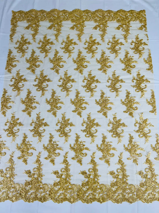 Fashion Corded Embroider Fabric Floral Lace Embroider on a Mesh Sold by the Yard. Gold