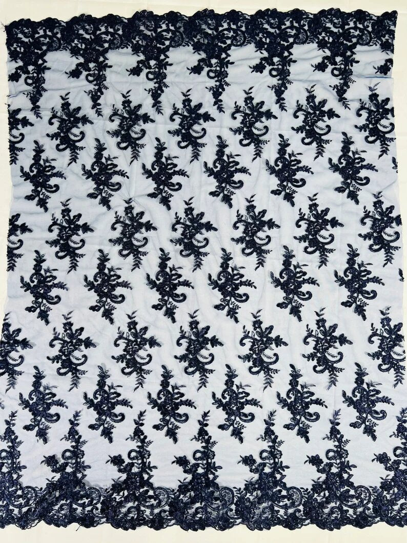 Fashion Corded Embroider Fabric Floral Lace Embroider on a Mesh Sold by the Yard. Navy Blue