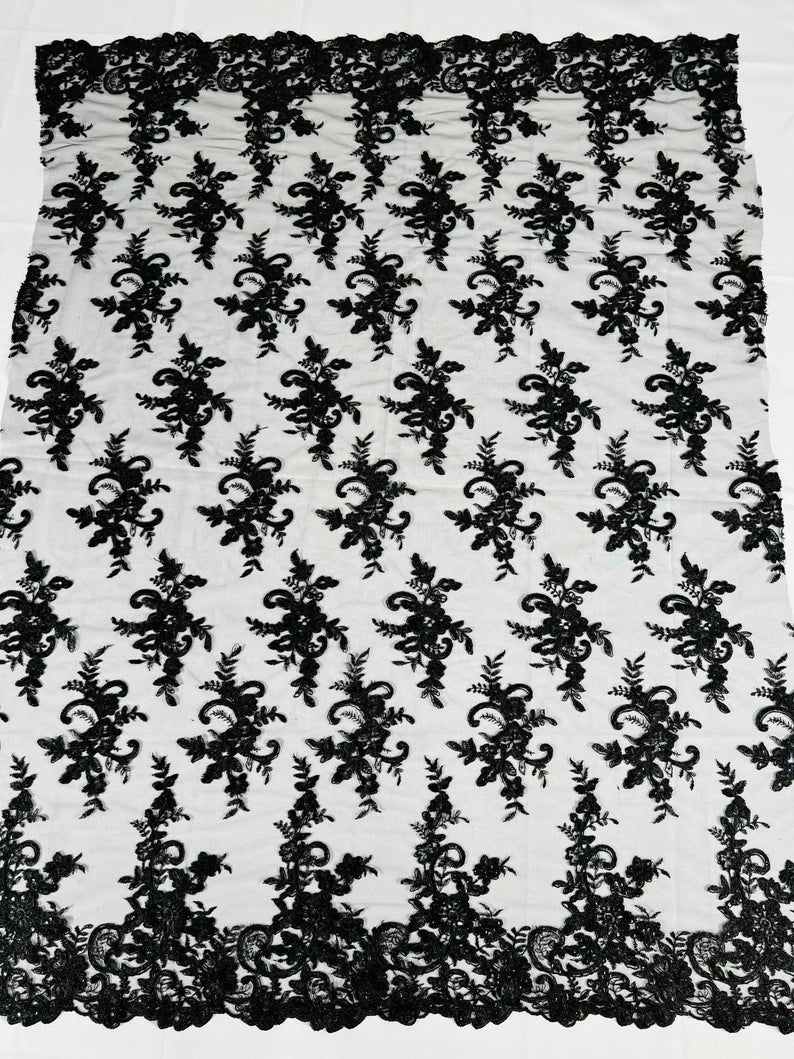 Fashion Corded Embroider Fabric Floral Lace Embroider on a Mesh Sold by the Yard. Black