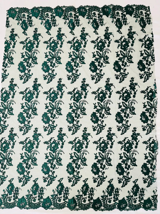 Floral Corded Mesh Lace Fabric By The Yard Used For -Dress-Bridal-Decorations Hunter