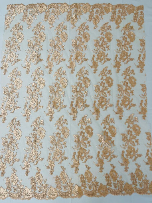 Floral Corded Mesh Lace Fabric By The Yard Used For -Dress-Bridal-Decorations Blush Peach
