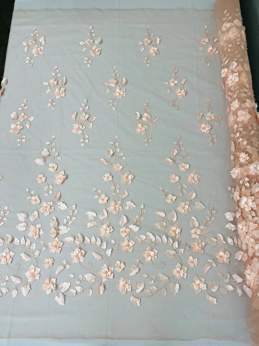 3D Floral Design Embroider with Pearls in a Mesh Lace-Sold by The Yard Blush Pink