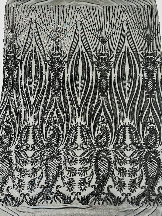 Fashion Design Sequins Embroider on a 4 Way Stretch Mesh Fabric- Sold by The Yard. Black