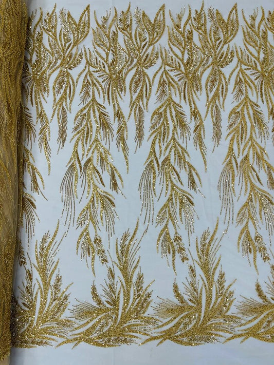 Fiesta Design Embroider and heavy beading on a mesh lace-sold by the yard. Gold