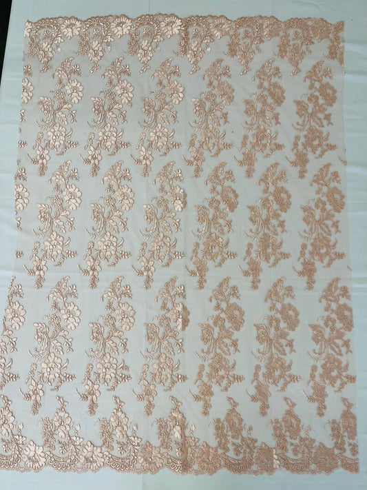 Floral Corded Mesh Lace Fabric By The Yard Used For -Dress-Bridal-Decorations Blush Pink