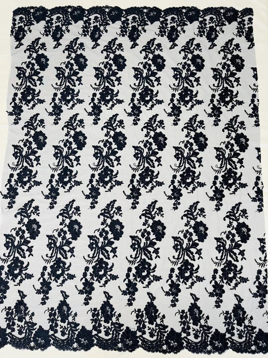 Floral Corded Mesh Lace Fabric By The Yard Used For -Dress-Bridal-Decorations Navy