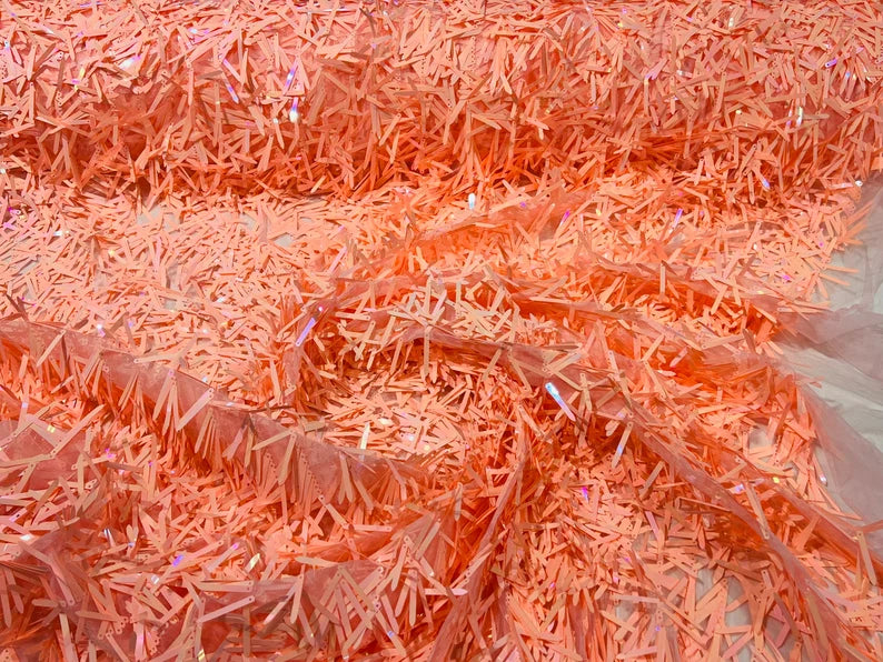 Iridescent sequin Swords Design on black mesh, Burning Man Costume Craft Fabric By The Yard. Coral