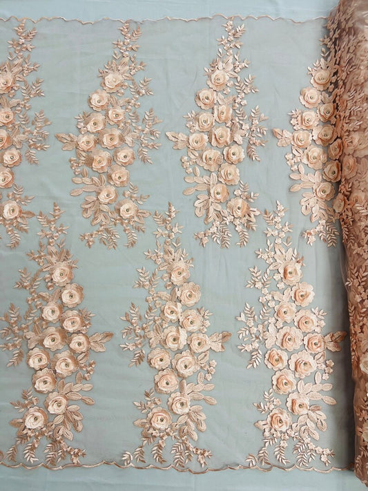 3D Floral Design Embroider and Beaded With Rhinestones on a Mesh Lace-Prom-Fashion-Sold by Yard. Blush