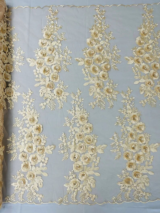 3D Floral Design Embroider and Beaded With Rhinestones on a Mesh Lace-Prom-Fashion-Sold by Yard. Champagne