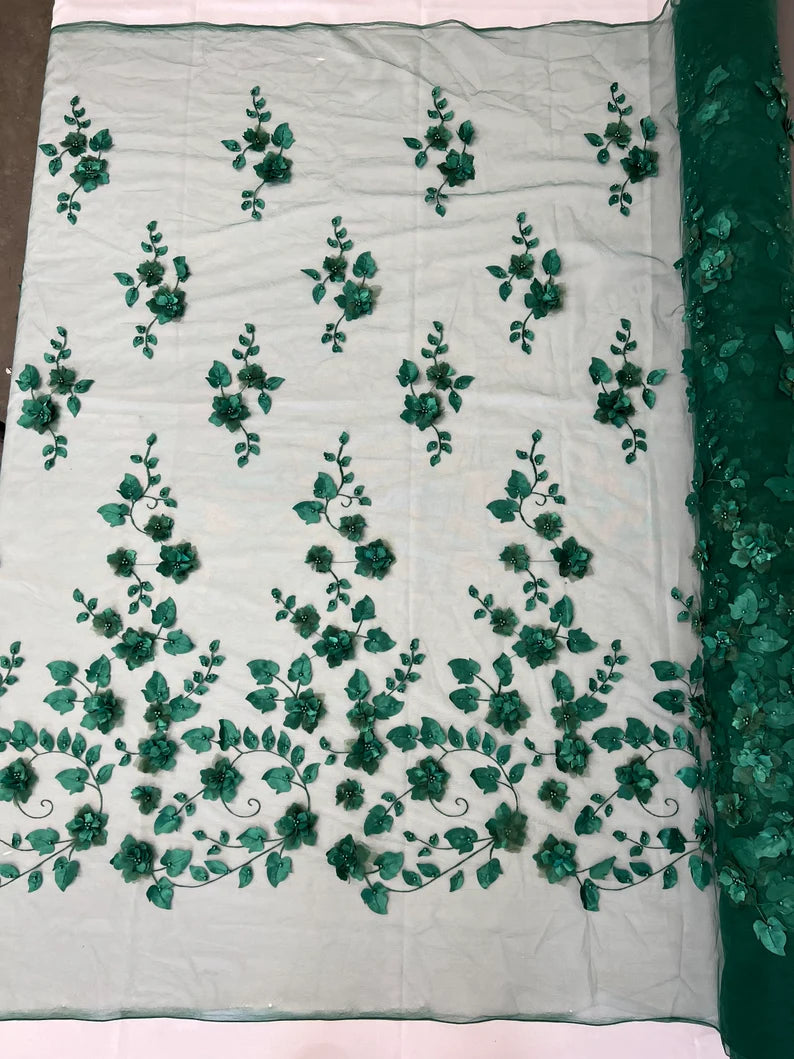 3D Floral Design Embroider with Pearls in a Mesh Lace-Sold by The Yard Hunter