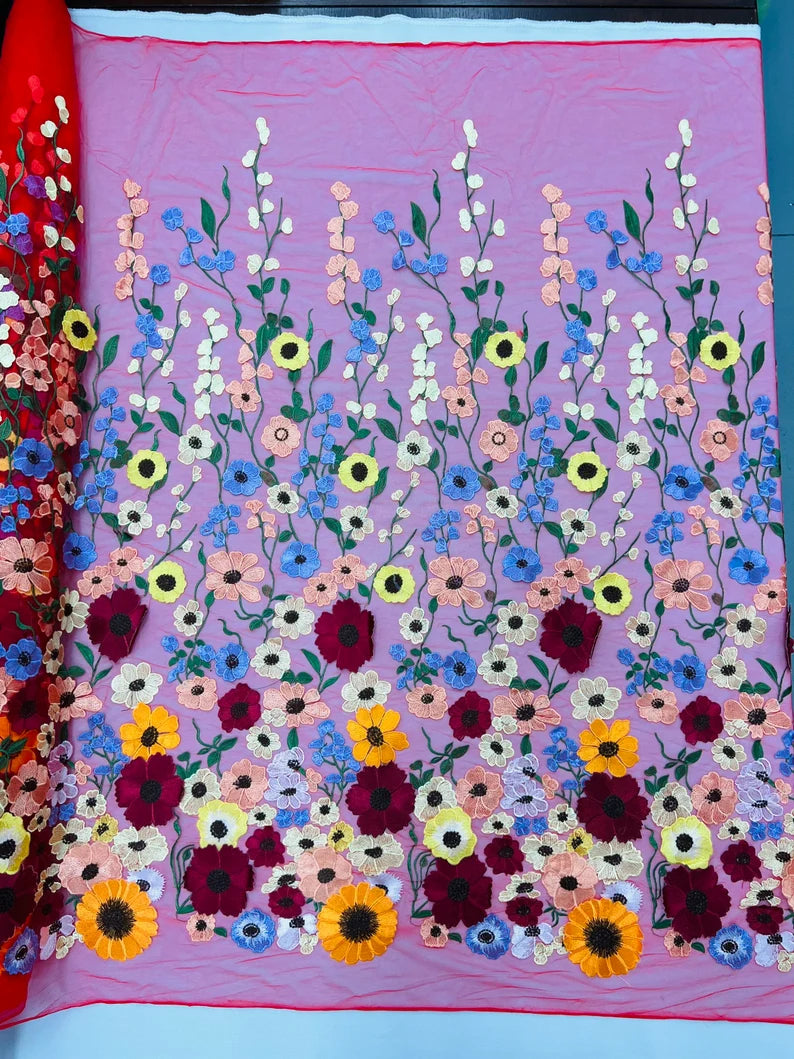 Royalty Fabrics Multi color Sun flower 3d design embroider in a Red mesh lace-sold by the yard.