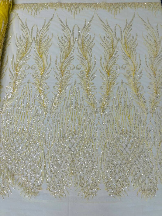 Wings Design Embroider and heavy beading on a mesh lace-sold by the yard. Yellow