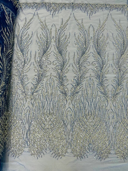 Wings Design Embroider and heavy beading on a mesh lace-sold by the yard. Royal Blue