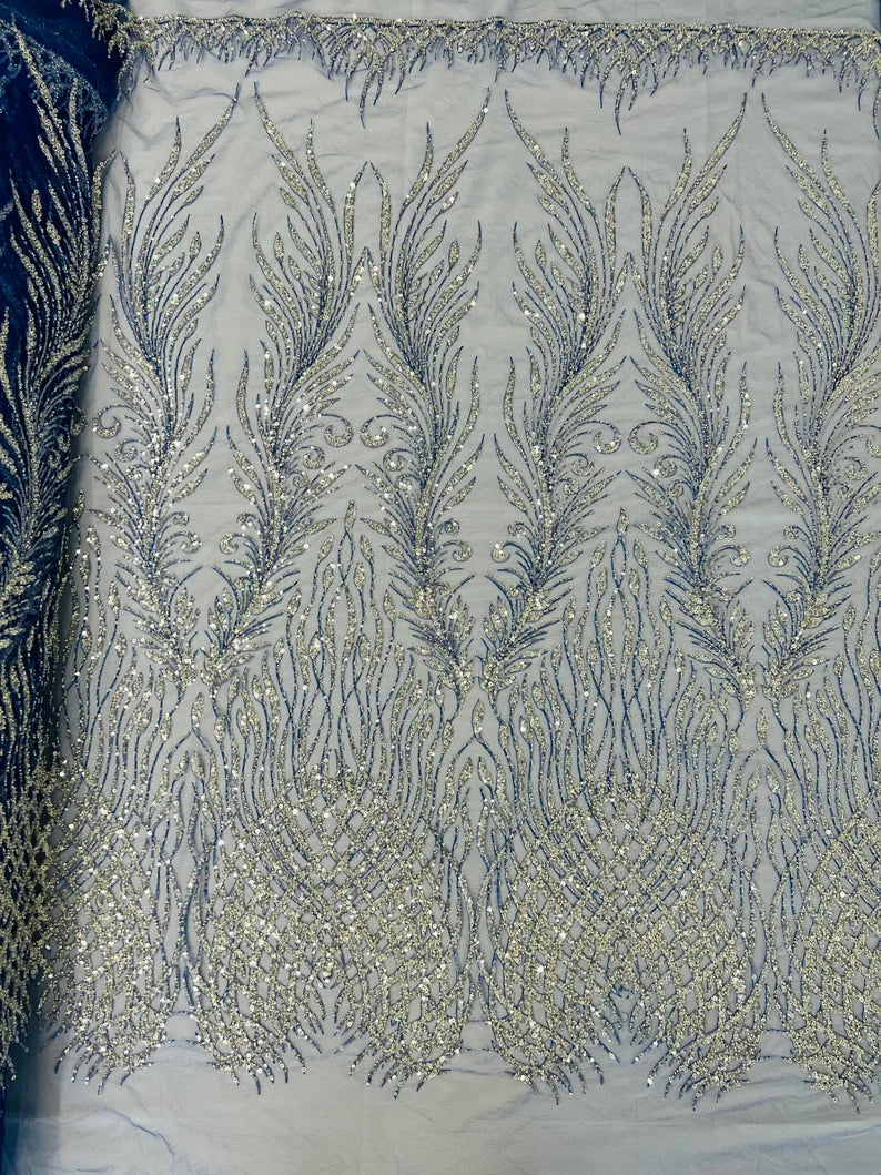 Wings Design Embroider and heavy beading on a mesh lace-sold by the yard. Royal Blue