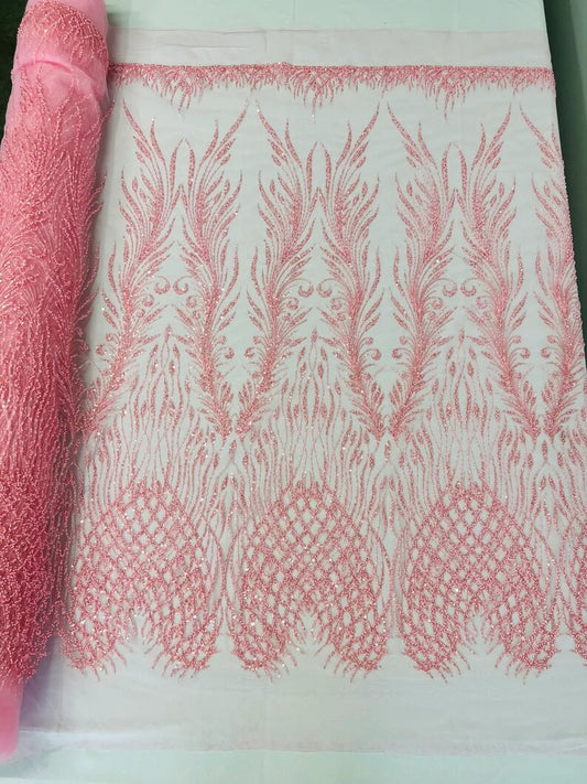 Wings Design Embroider and heavy beading on a mesh lace-sold by the yard. Pink