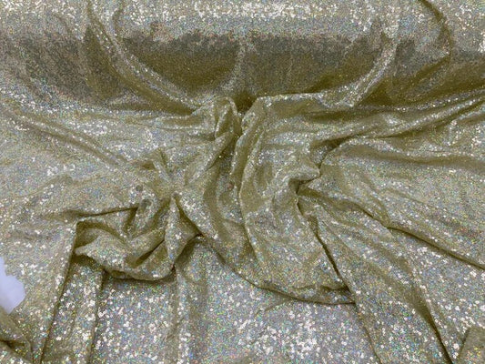 Iridescent Mermaid Fish Scales-Mini Glitz Sequins Embroider on a 2 Way Stretch Mesh Fabric-Sold by the Yard- Light Gold