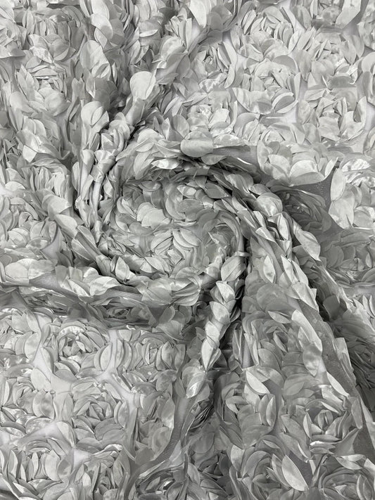 3D Rosette Embroidery Satin Rose Flowers Floral Mesh Fabric by the yard Silver