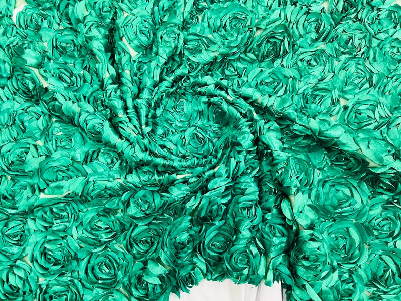 3D Rosette Embroidery Satin Rose Flowers Floral Mesh Fabric by the yard Kelly Green