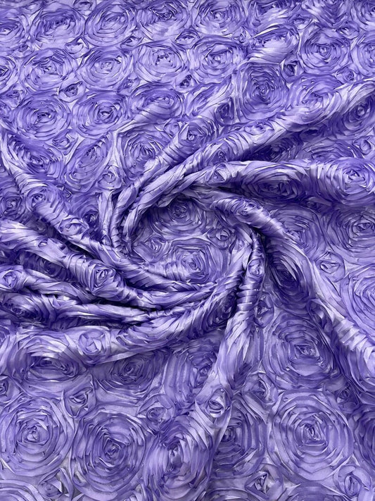 3D Rosette Embroidery Satin Rose Flowers Floral on a satin Fabric by the yard. Lavender