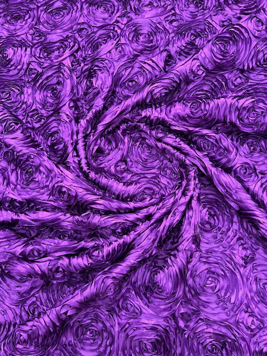 3D Rosette Embroidery Satin Rose Flowers Floral on a satin Fabric by the yard. Eggplant