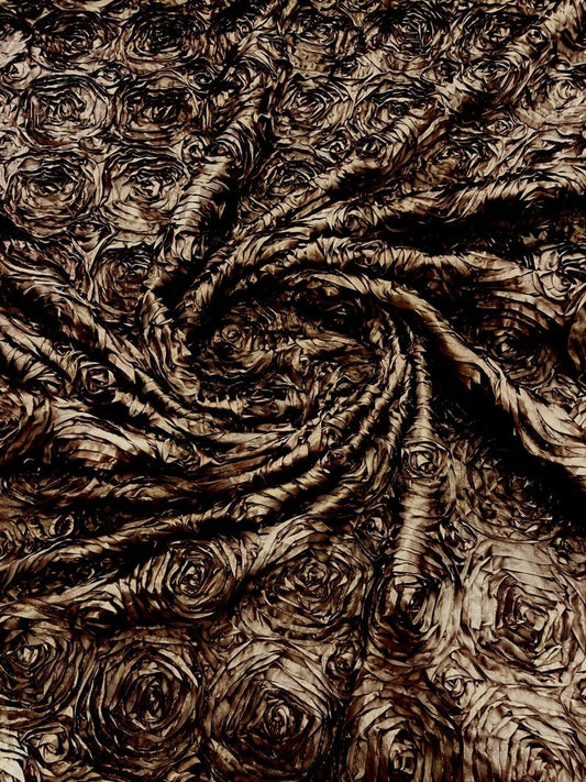 3D Rosette Embroidery Satin Rose Flowers Floral on a satin Fabric by the yard. Brown