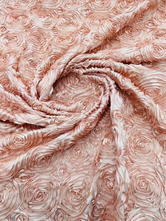 3D Rosette Embroidery Satin Rose Flowers Floral on a satin Fabric by the yard. Blush Pink