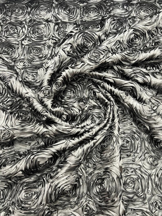 3D Rosette Embroidery Satin Rose Flowers Floral on a satin Fabric by the yard. Taupe