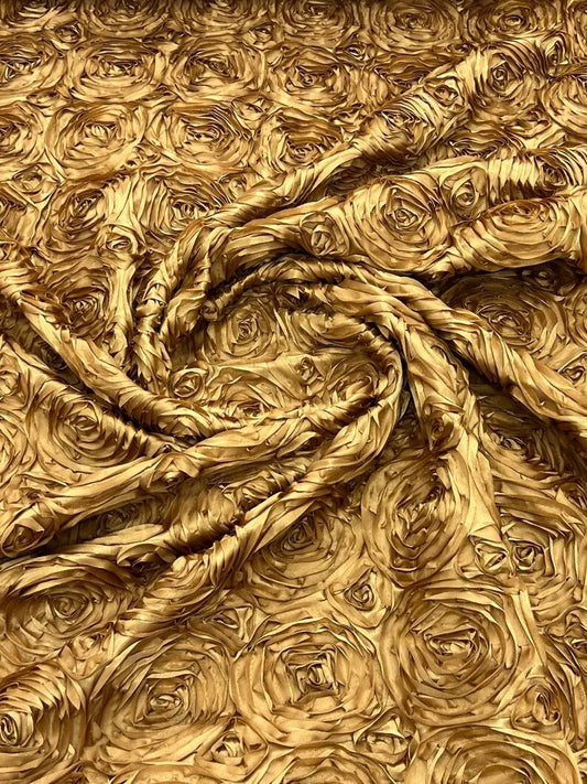 3D Rosette Embroidery Satin Rose Flowers Floral on a satin Fabric by the yard. Copper