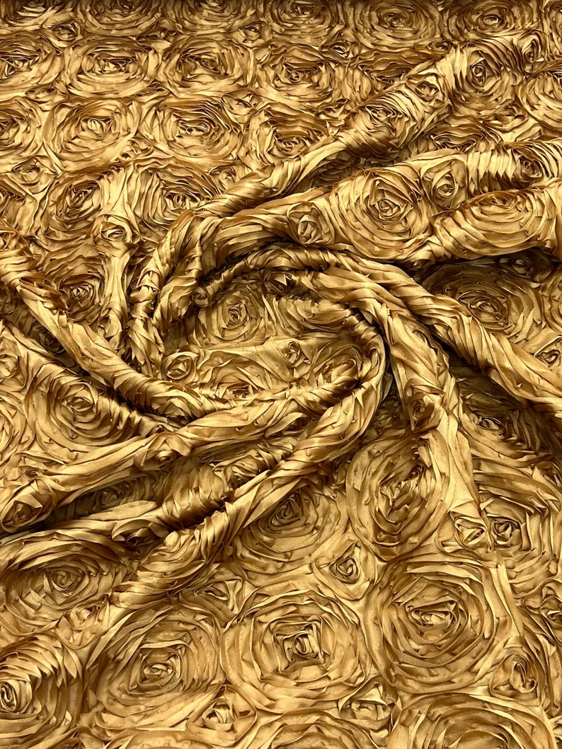 3D Rosette Embroidery Satin Rose Flowers Floral on a satin Fabric by the yard. Copper
