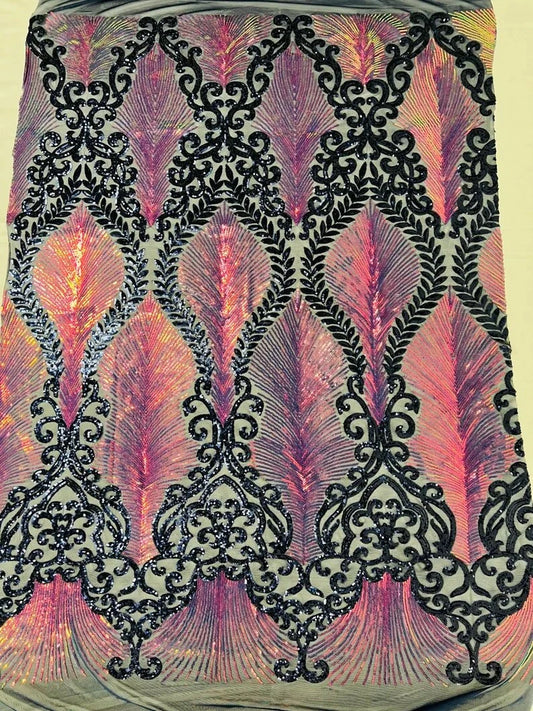Iridescent/Navy Blue Two tone damask design with sequins embroider on a 4 way stretch mesh fabric-sold by the yard. Rainbow