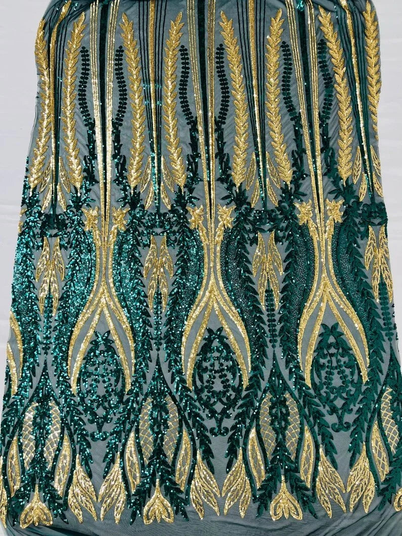 Two tone damask design with sequins embroider on a 4 way stretch mesh fabric-sold by the yard. Hunter/Gold