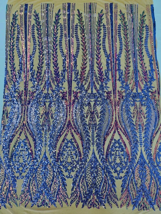 Two tone damask design with sequins embroider on a 4 way stretch mesh fabric-sold by the yard. Lavender Iridescent
