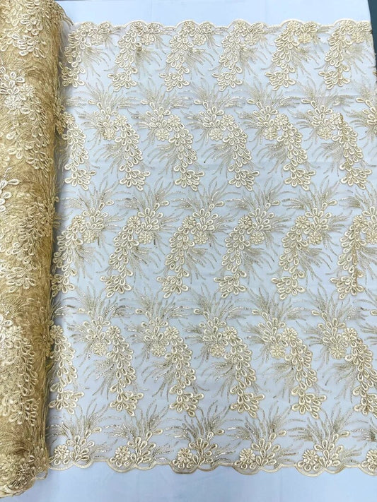 Feather design lace with metallic cord and embroider with sequins on a mesh-Sold by the yard. Champagne