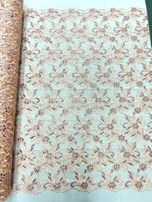 Corded flowers embroider with sequins on a mesh lace fabric-sold by the yard- Blush Pink