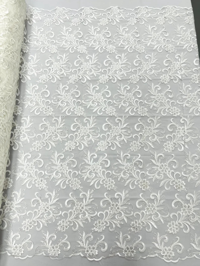 Corded flowers embroider with sequins on a mesh lace fabric-sold by the yard- Ivory