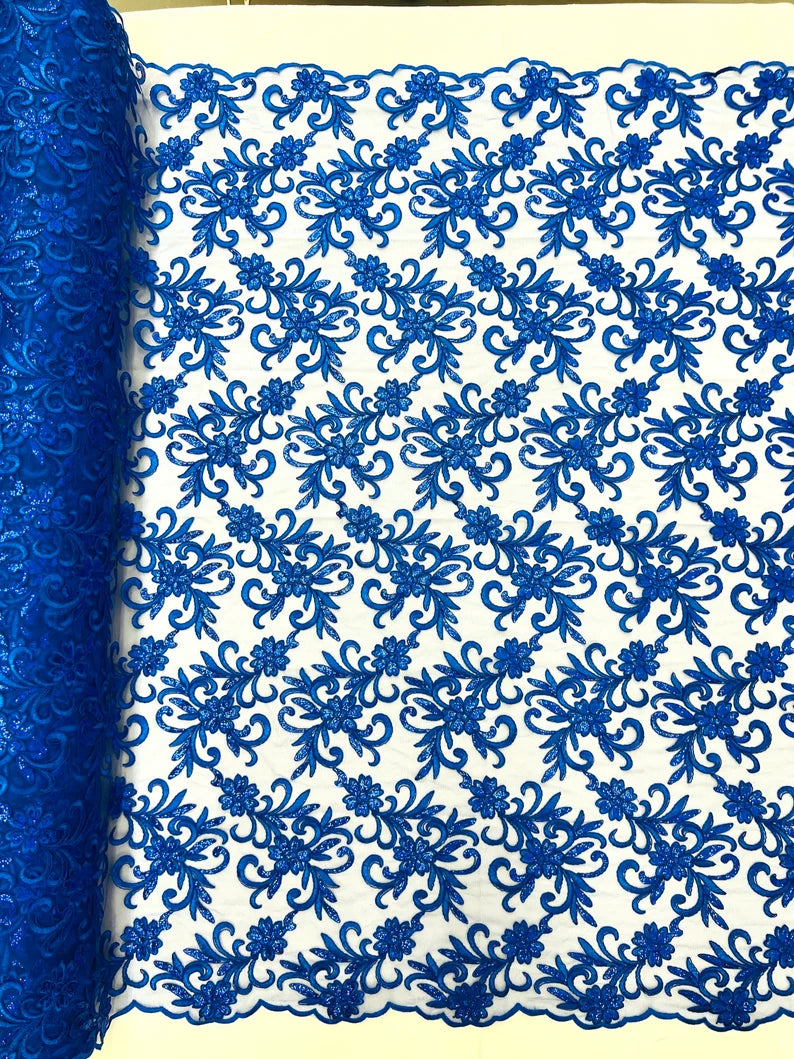 Corded flowers embroider with sequins on a mesh lace fabric-sold by the yard- Royal Blue