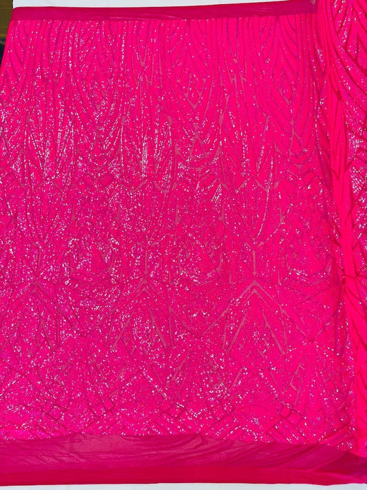 Geometric Shiny Design Sequins Embroider on a 4 Way Stretch Mesh Fabric- Sold by The Yard. Neon Hot Pink Iridescent